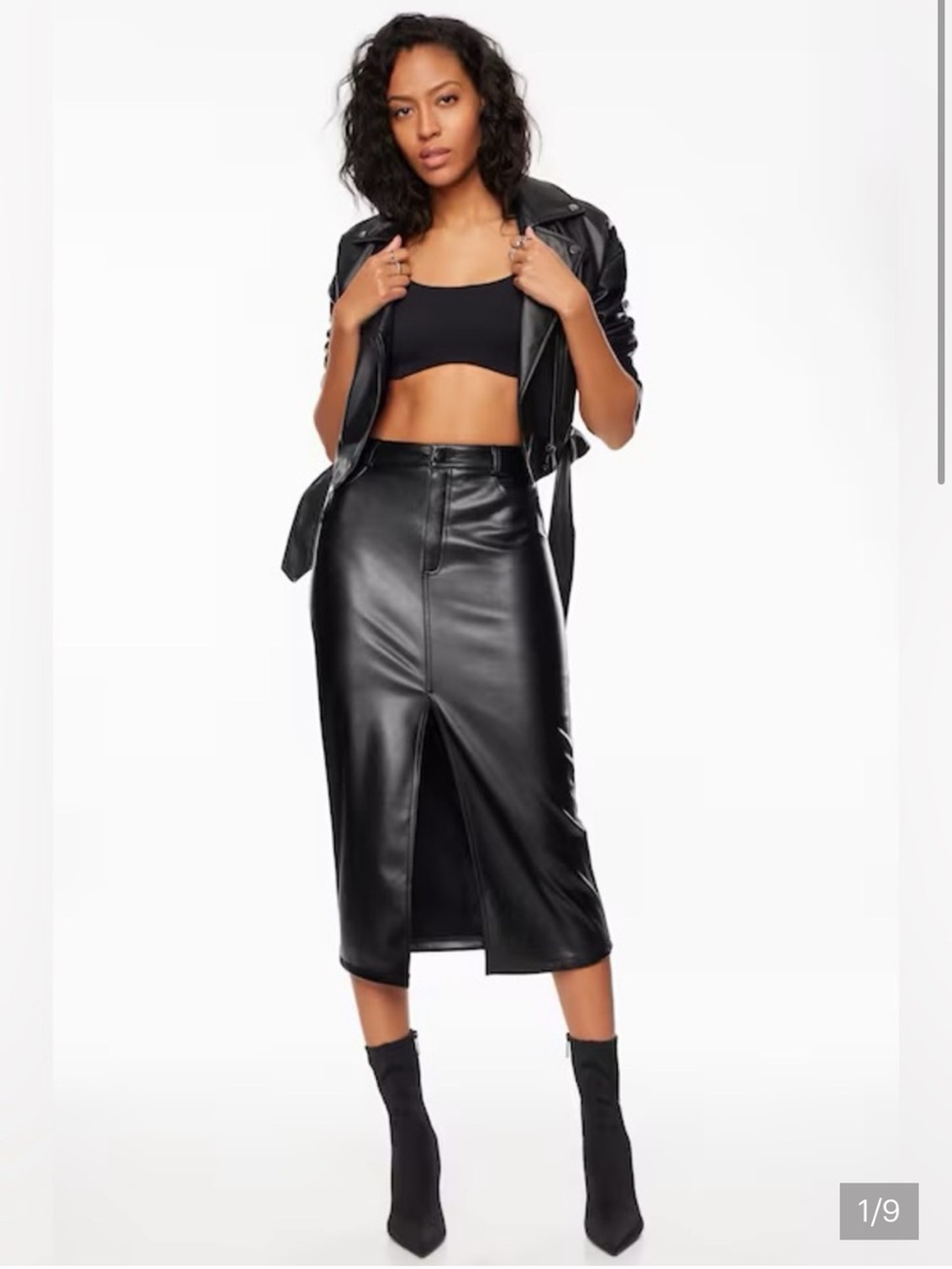 Dynamite Black Faux Leather Midi Skirt with Front Slit